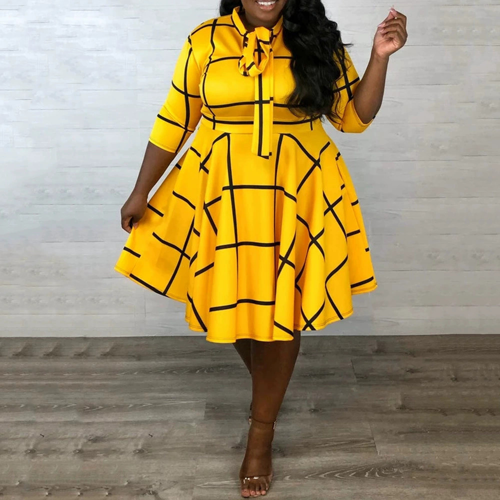 ZARA Plus Size Waist Cinching Slimming Yellow Bow Tie Digital Print Dress